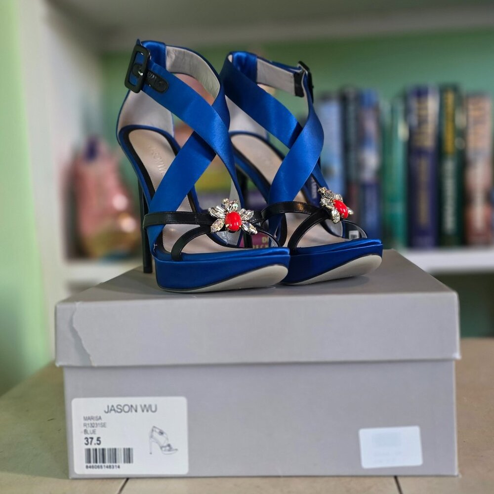 NIB Jason Wu “Marisa” Crystal Embellished Sandals in Blue Satin, IT 37.5 (US 7)